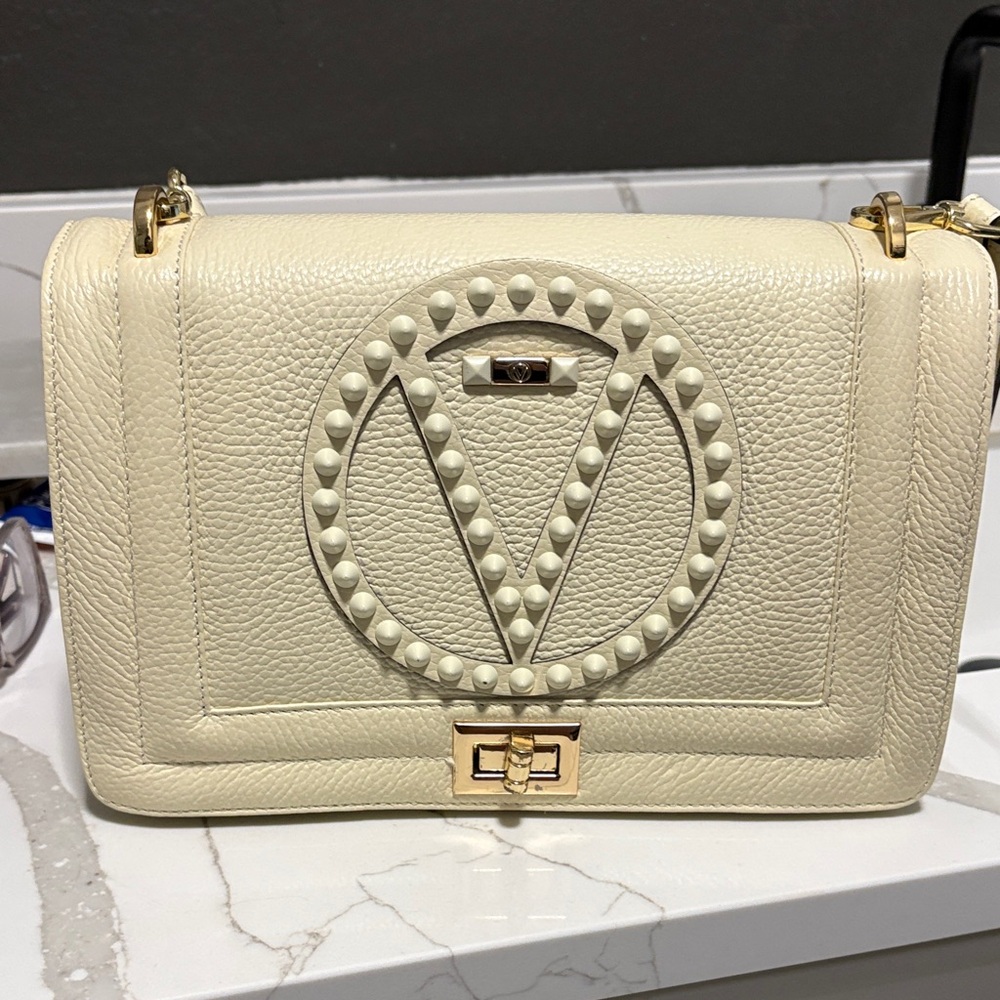 Valentino Ivory Pebbled Leather Shoulder Bag with Studded V